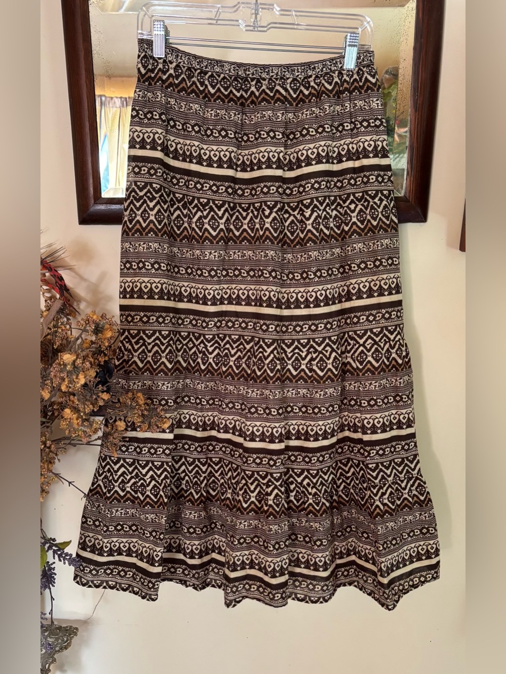VTG She’s Cool Brown/Cream Geometric Print Maxi Peasant Skirt 100% Cotton Sz M